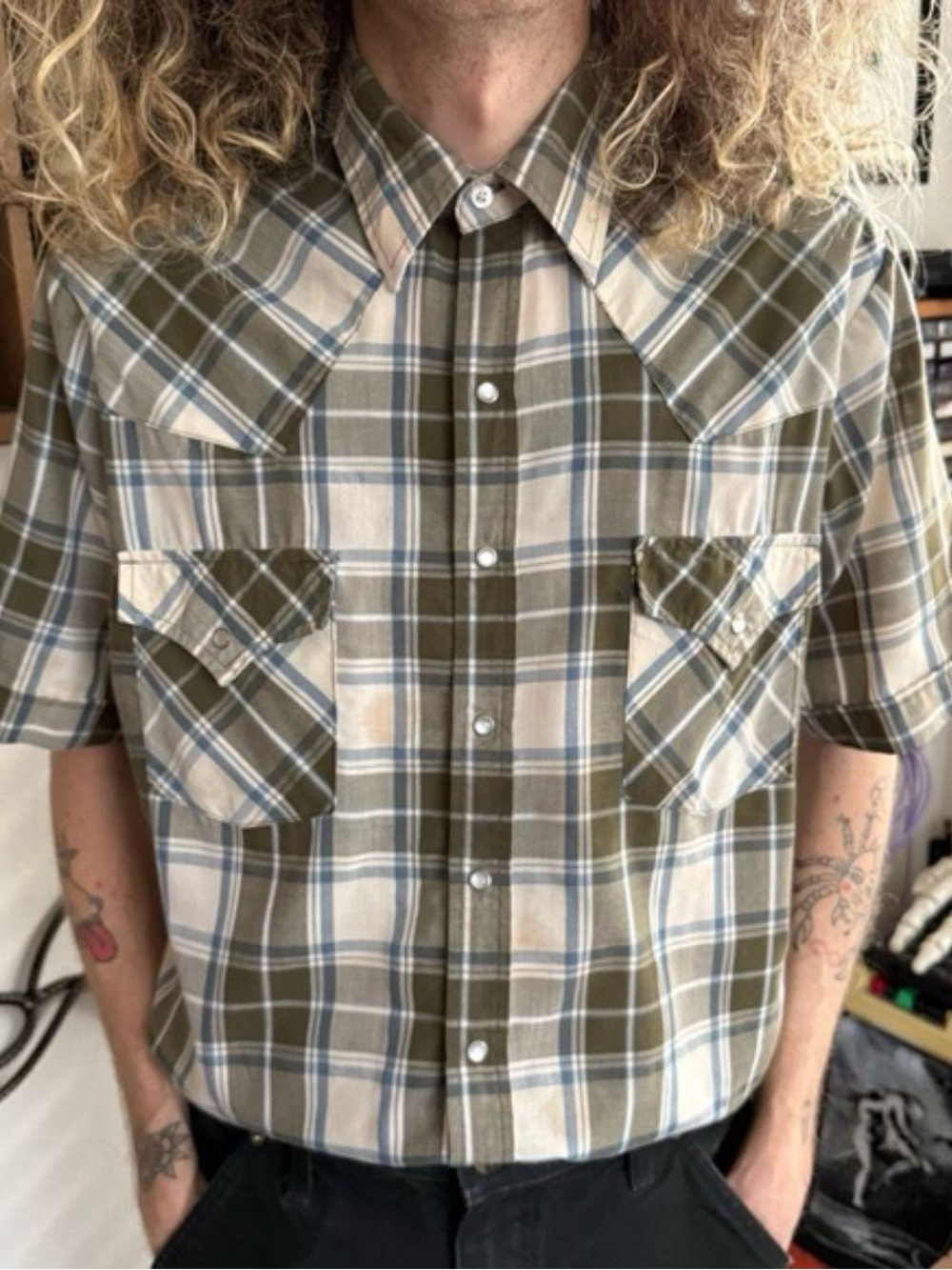 Vintage 90s Plaid Pearl Snap Short Sleeve Western ~ Size Medium